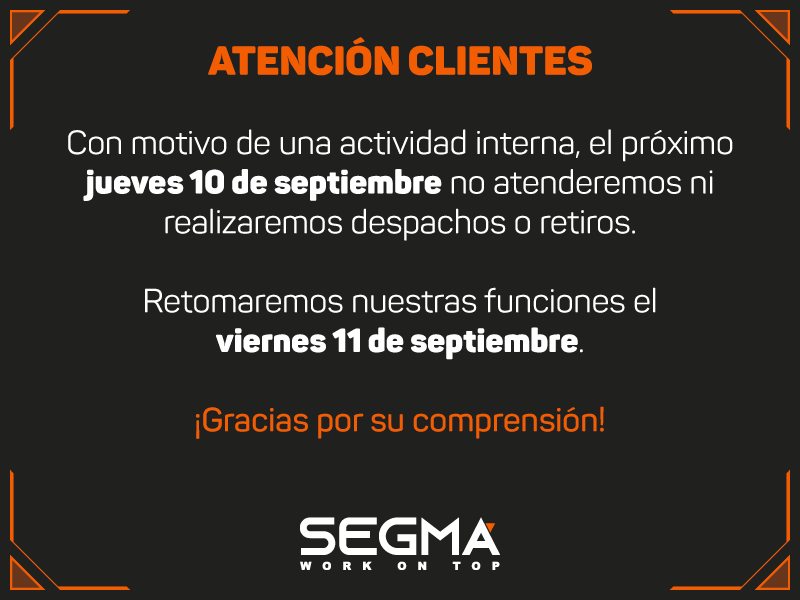 Con motivo de una actividad interna, el próximo jueves 10 de septiembre no atenderemos ni realizaremos despachos o retiros.
Retomaremos nuestras funciones el
viernes 11 de septiembre.